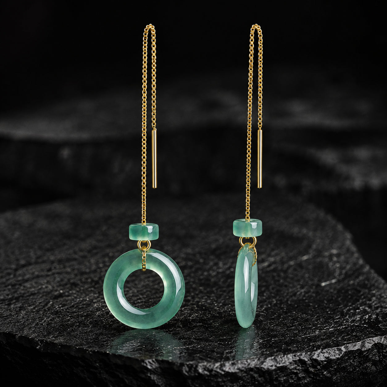 Green Jade Threader Earrings with Donut Charms