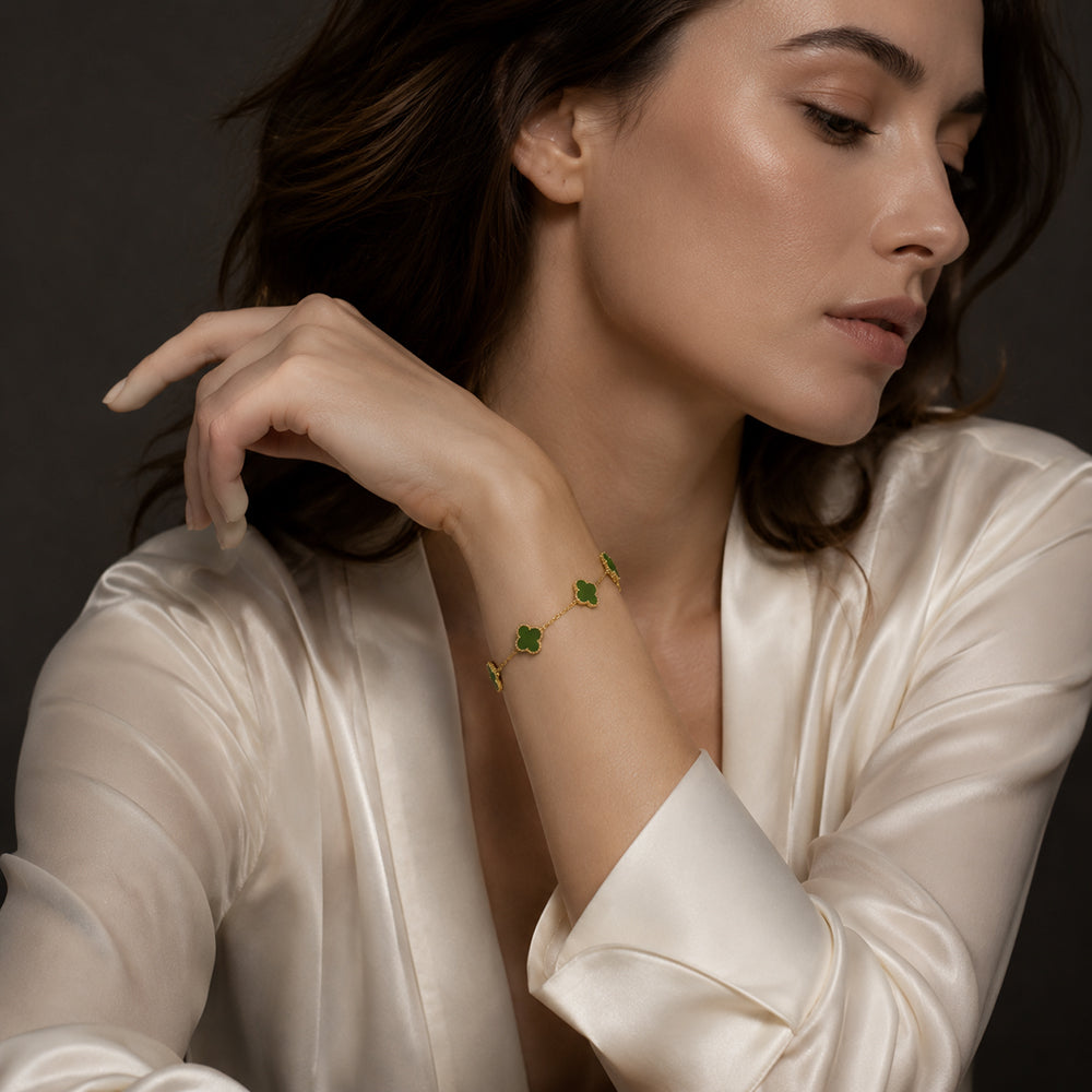 Five Clover Green Jade Bracelet in Gold-Plated S925 Silver