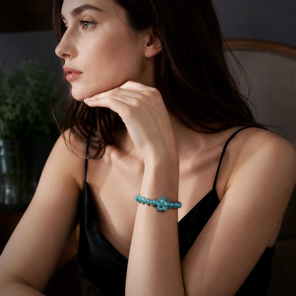 Blue-Green Jadeite Flower Bead Bracelet for Women
