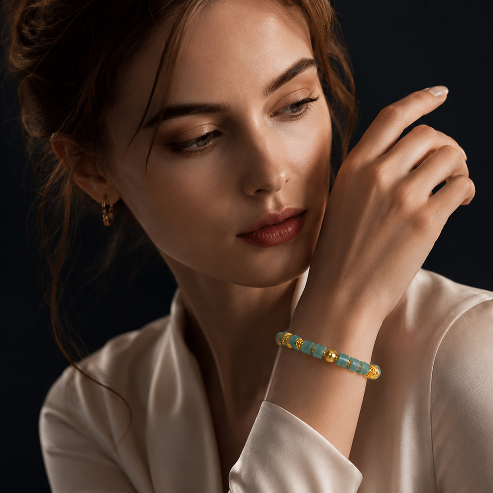 Unisex Blue Green Jadeite Bracelet with Gold Accents