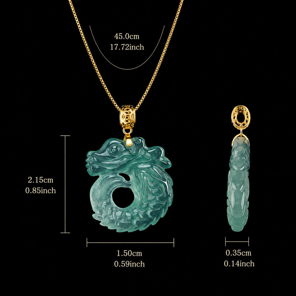 Natural Blue Jadeite Dragon Fish Pendant Necklace, 18K Gold Bail, 925 Sterling Silver Chain 46cm