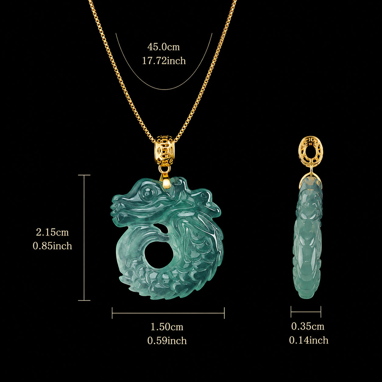 Natural Blue Jadeite Dragon Fish Pendant Necklace, 18K Gold Bail, 925 Sterling Silver Chain 46cm