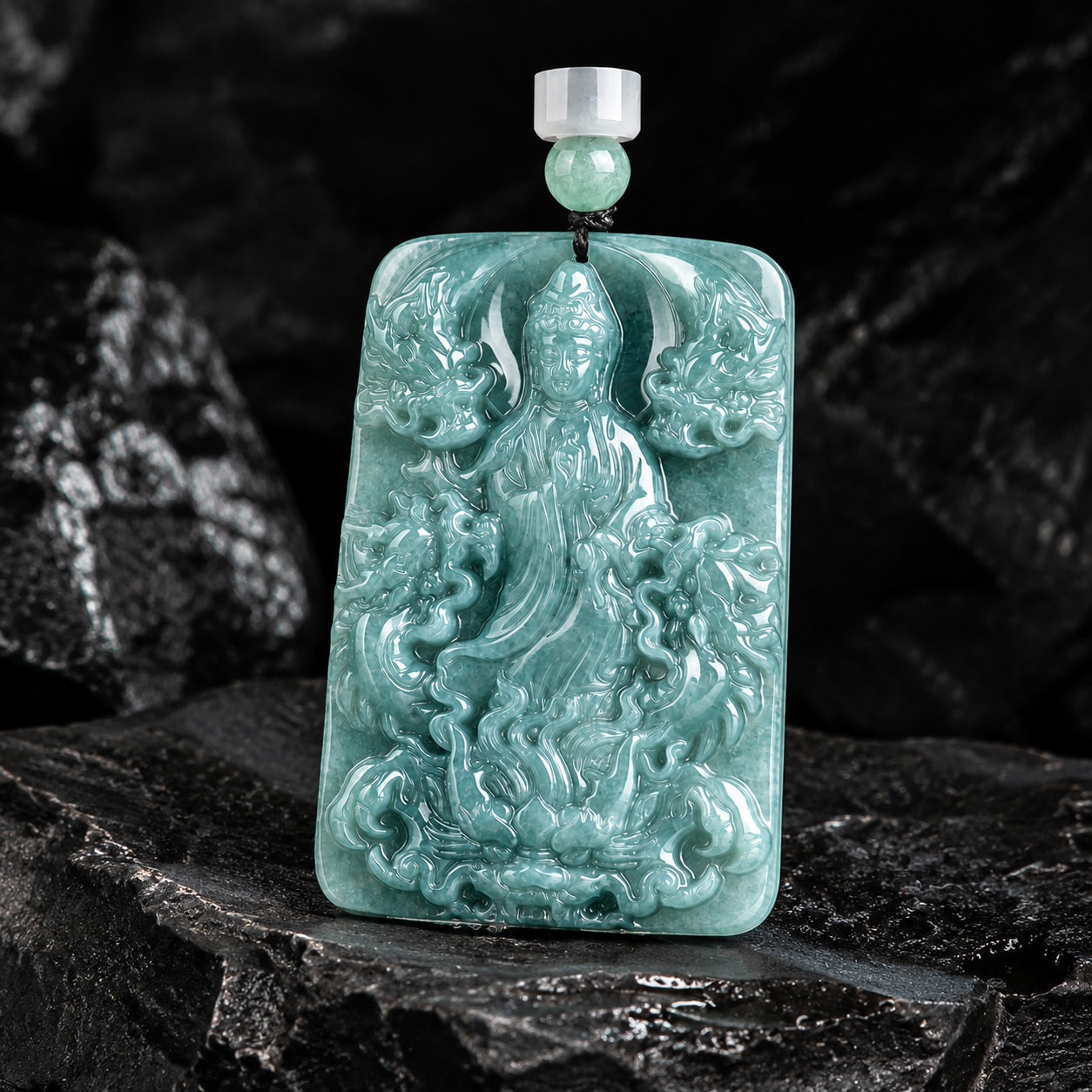 Real Blue Jadeite Carved Guanyin Dragon Pendant Necklace – Natural Jade Jewelry