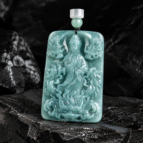 Blue-Green Jadeite Guanyin Plaque Pendant Necklace