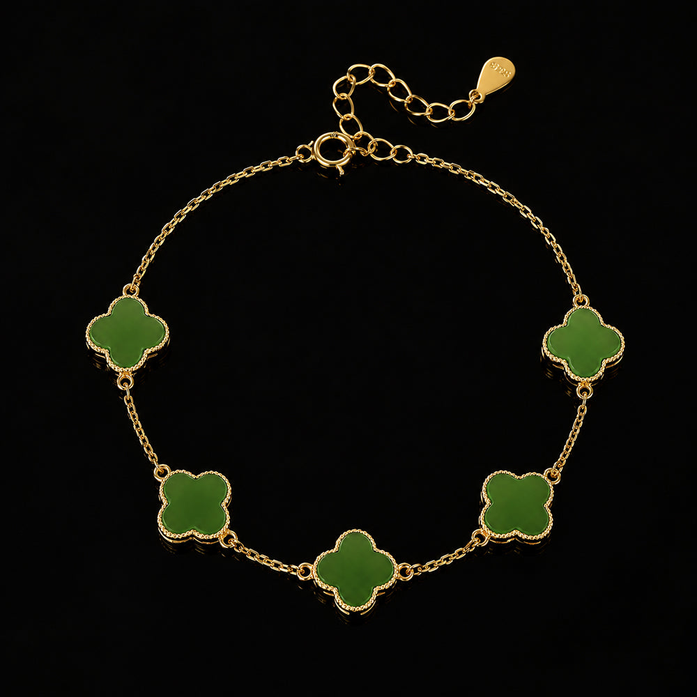 Five Clover Green Jade Bracelet in Gold-Plated S925 Silver
