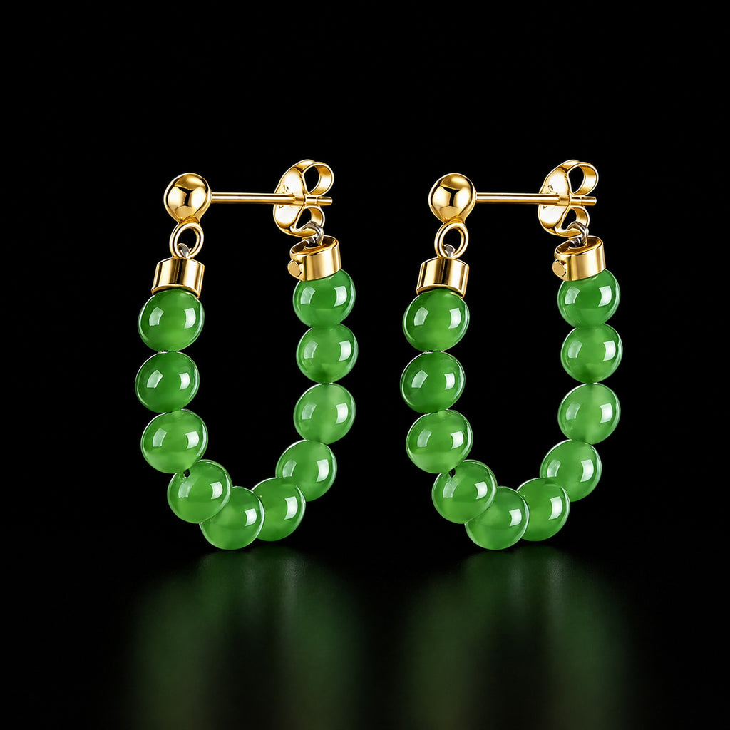 Vivid green jadeite bead hoop earrings with gold plated silver studs