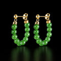 Vivid green jadeite bead hoop earrings with gold plated silver studs