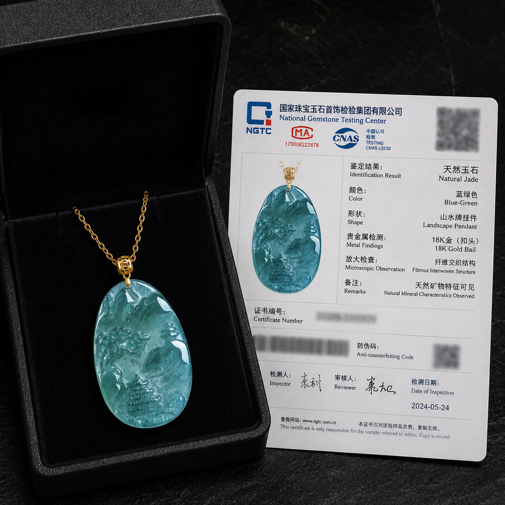 Real Blue Jadeite Landscape Plaque Pendant Necklace – 925 Silver 45CM, 18K Gold Clasp