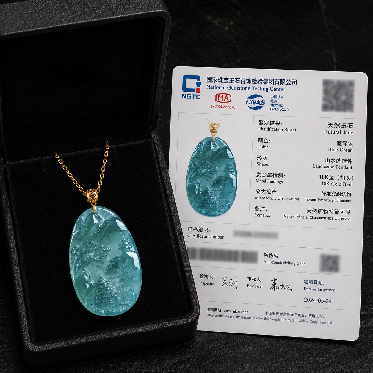 Real Blue Jadeite Landscape Plaque Pendant Necklace – 925 Silver 45CM, 18K Gold Clasp