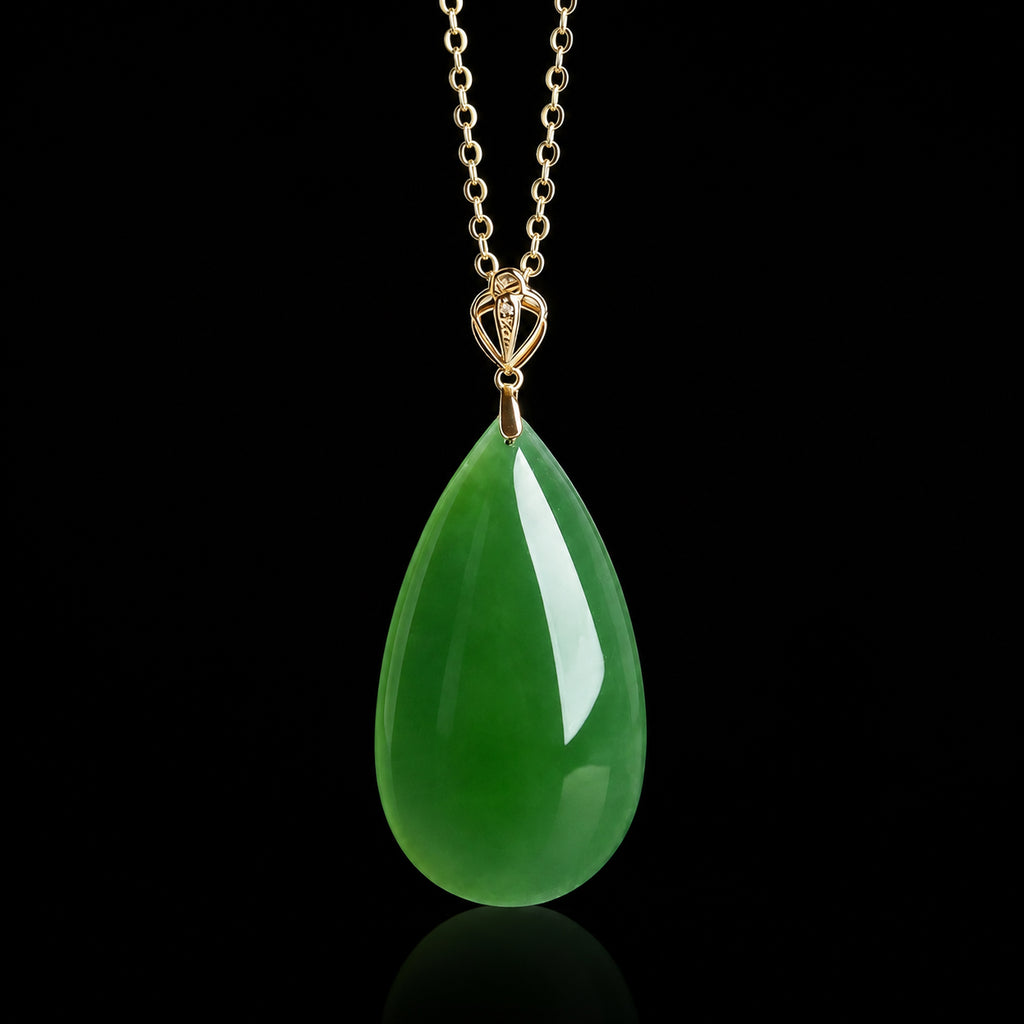 Green jadeite teardrop pendant necklace with gold chain