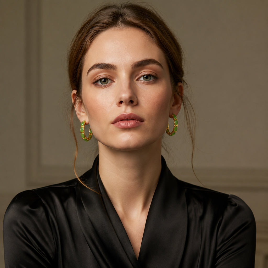 Green Jade Cabochon Hoop Earrings