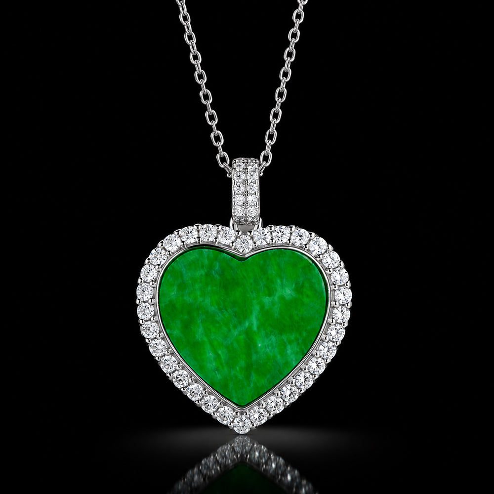Natural Green Jadeite Heart Pendant Necklace S925 Silver Chain