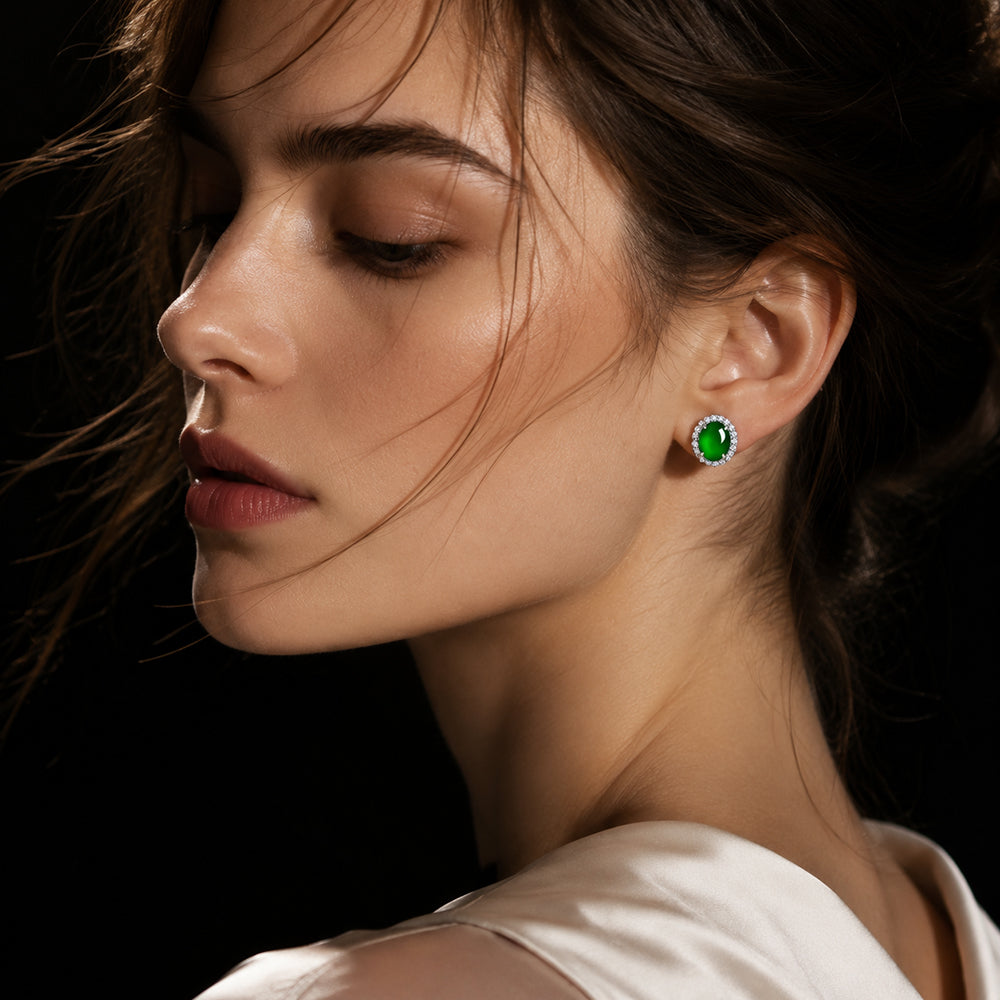 Natural Green Jadeite Oval Halo Stud Earrings