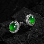 Natural Green Jadeite Oval Halo Stud Earrings