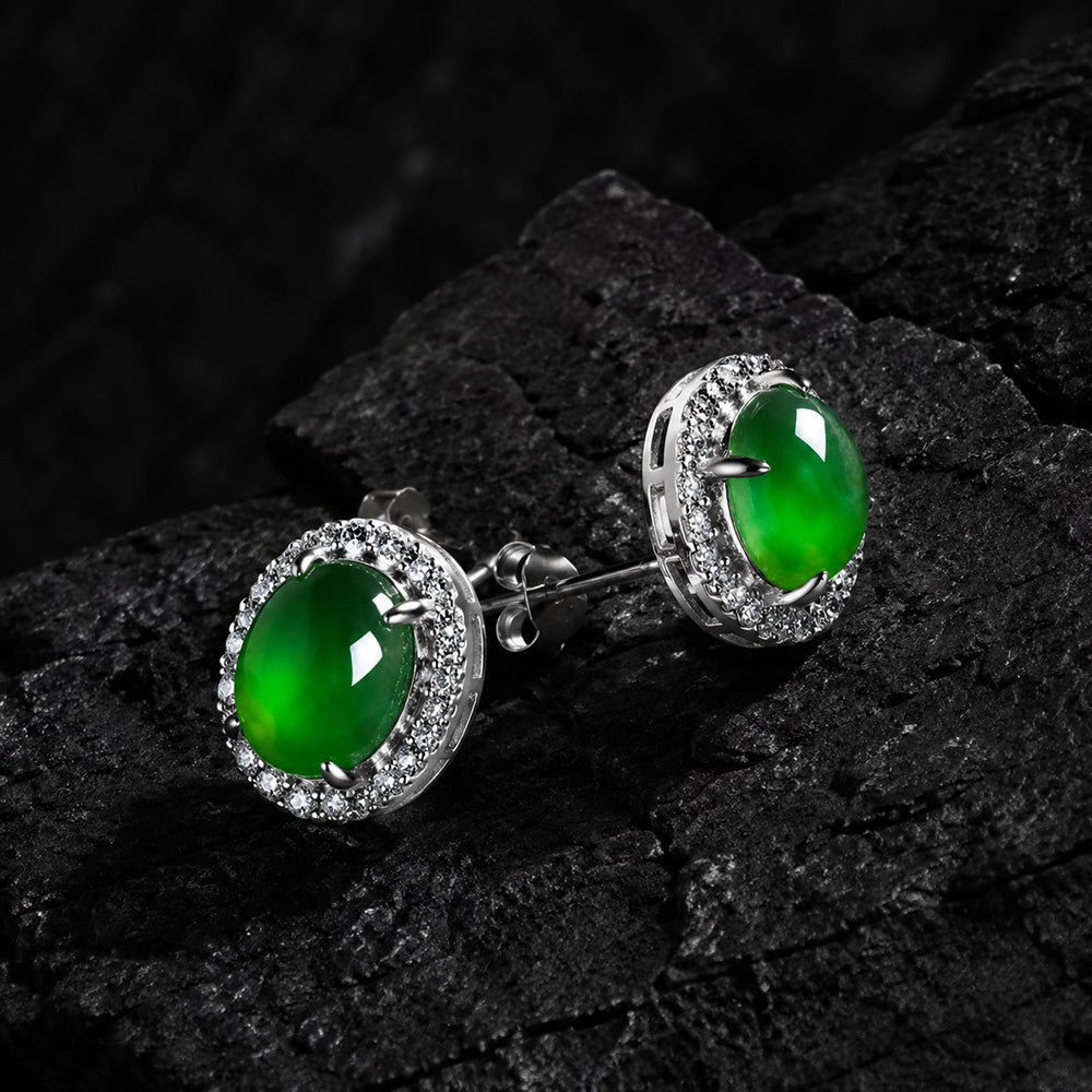Natural Green Jadeite Oval Halo Stud Earrings