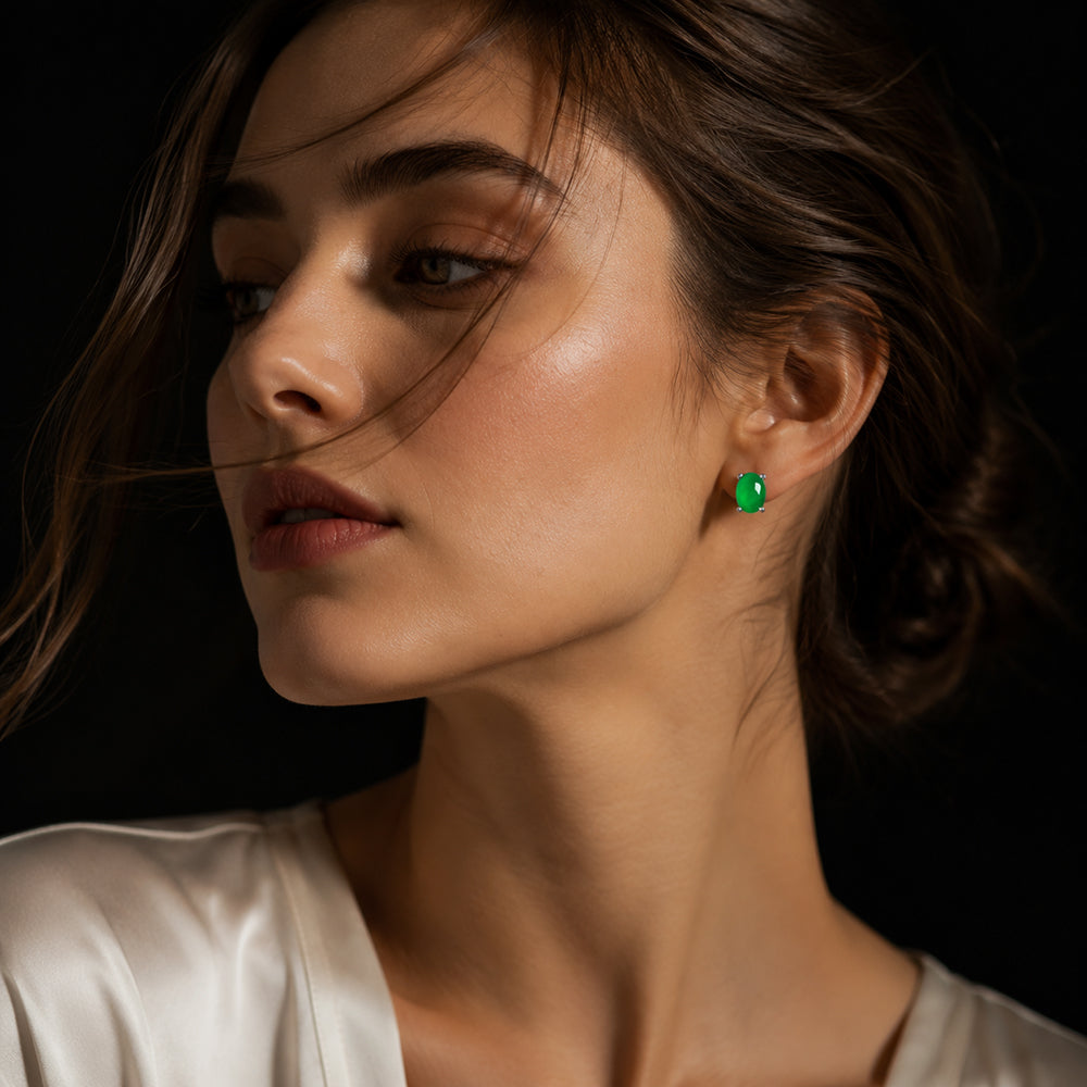 Natural Green Jadeite Oval Stud Earrings S925 Silver