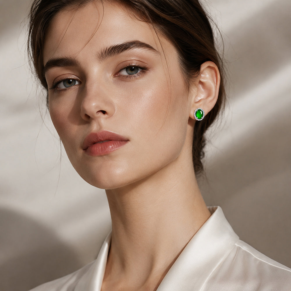 Natural Green Jadeite Oval Halo Stud Earrings