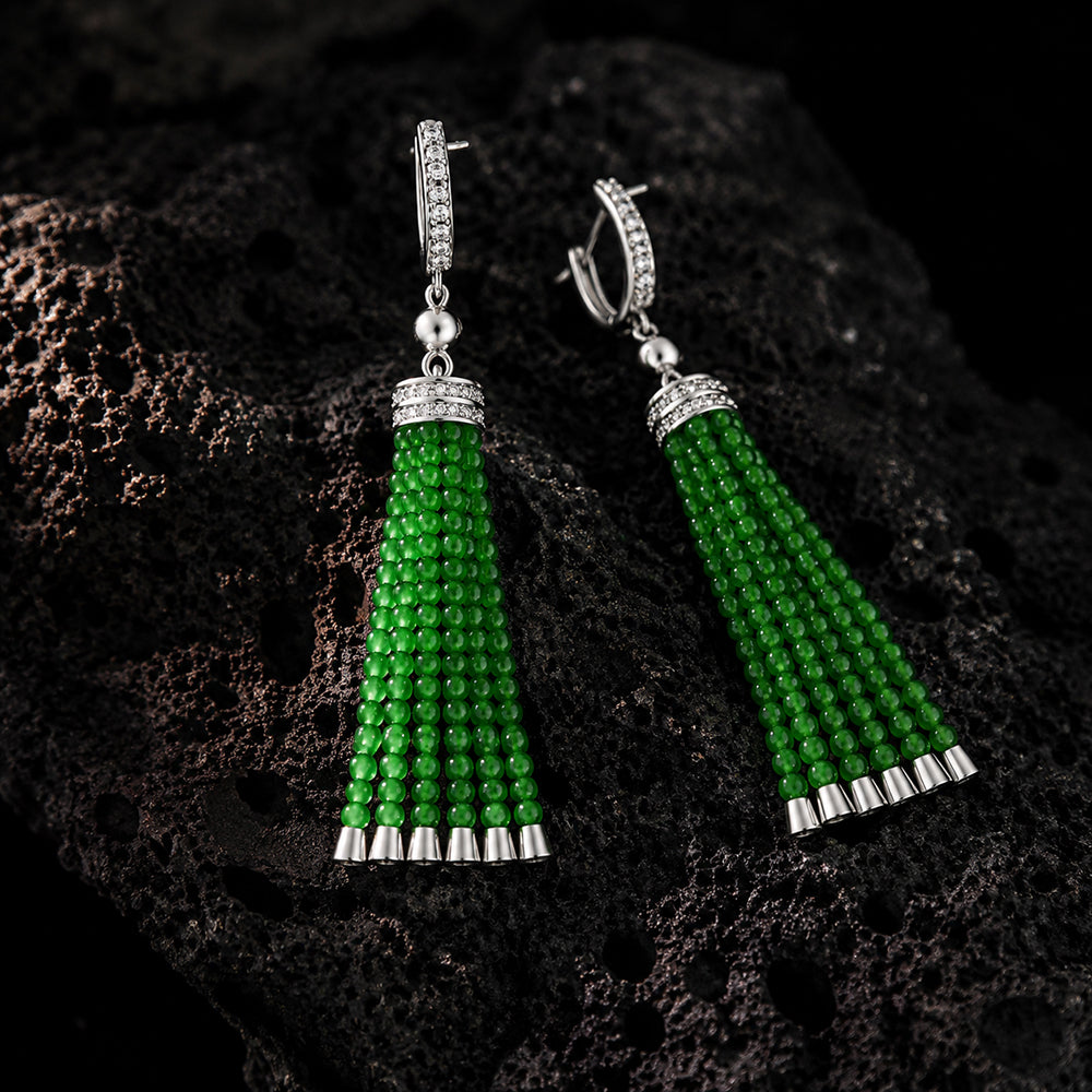 Natural Green Jadeite Tassel Earrings in S925 Silver for Women