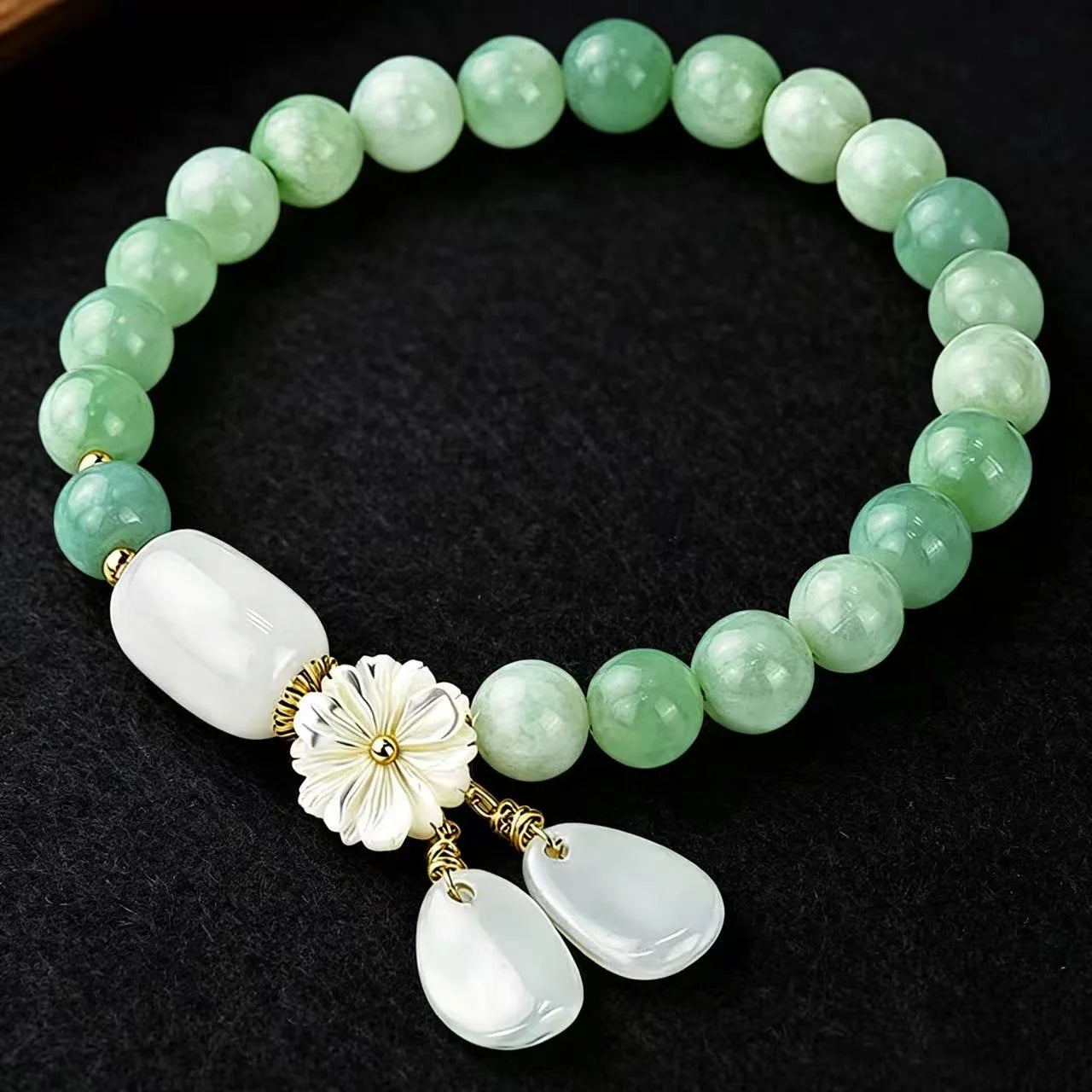 Green Jade Flower Bracelet with White Jade Drop Charms