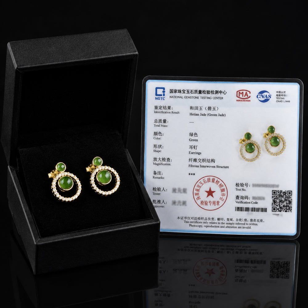 Green Jade Circle Stud Earrings in Gold Plated S925 Silver