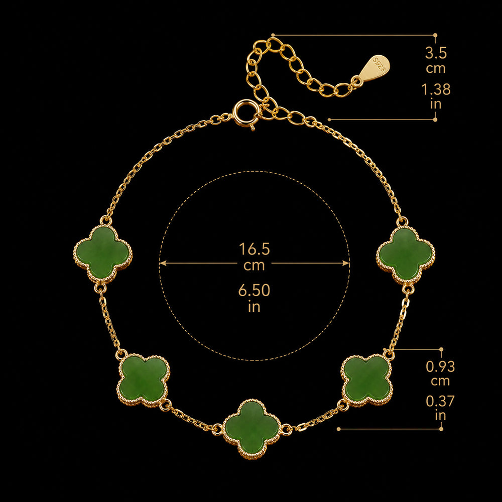 Five Clover Green Jade Bracelet in Gold-Plated S925 Silver