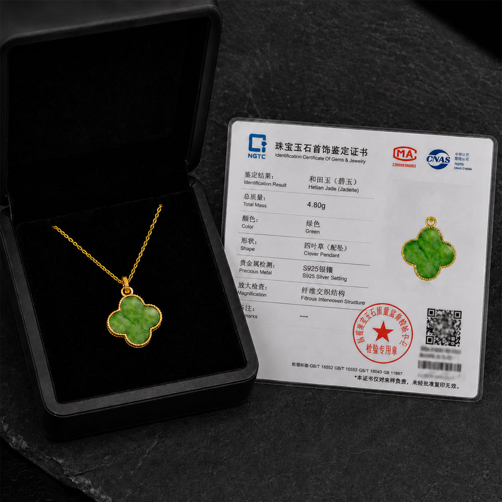 Green Jade Clover Necklace in Gold-Plated S925 Silver