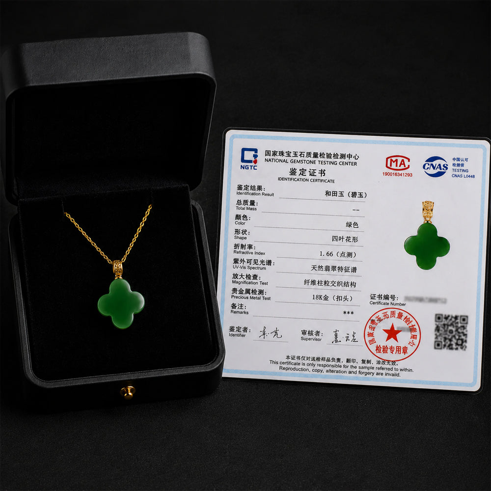 Green Jade Clover Pendant Necklace with 18K Gold Clasp