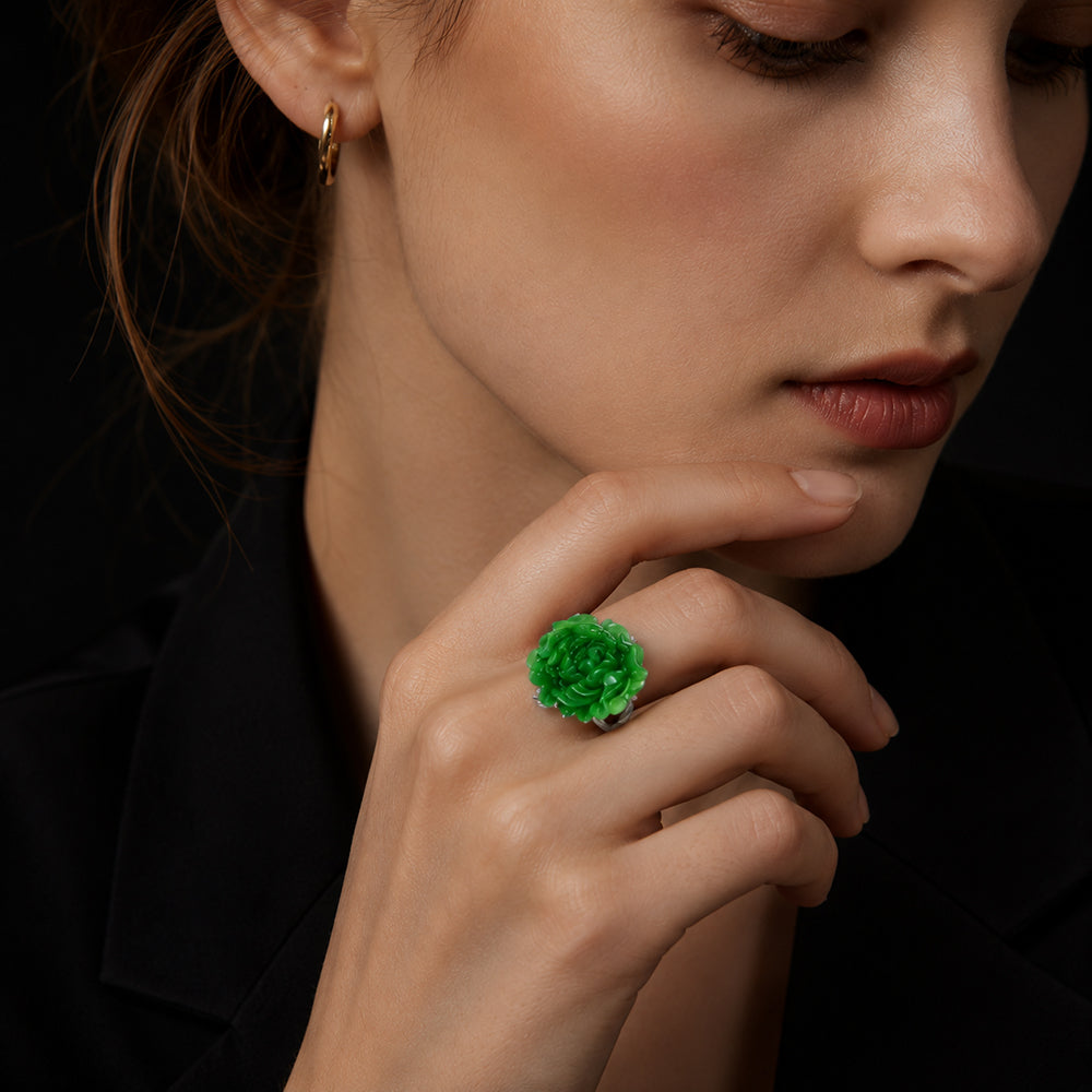 Hand-Carved Green Jadeite Lotus Ring in S925 Silver