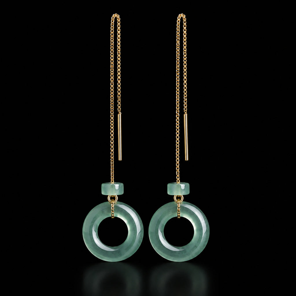 Green Jadeite Threader Earrings with Donut Charms