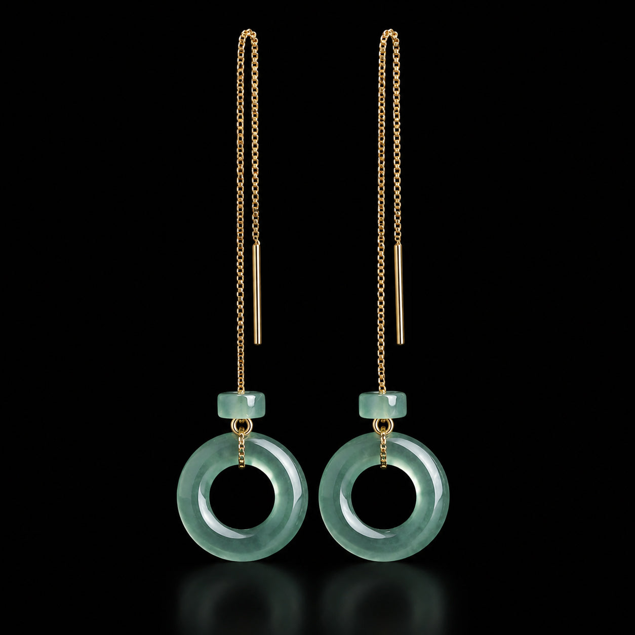 Green Jade Threader Earrings with Donut Charms