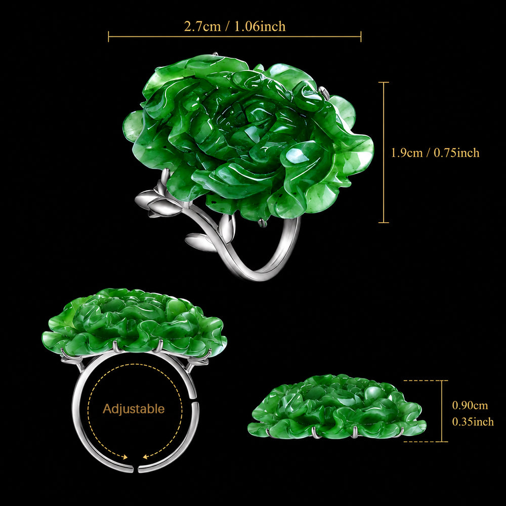 Hand-Carved Green Jade Lotus Ring in S925 Silver