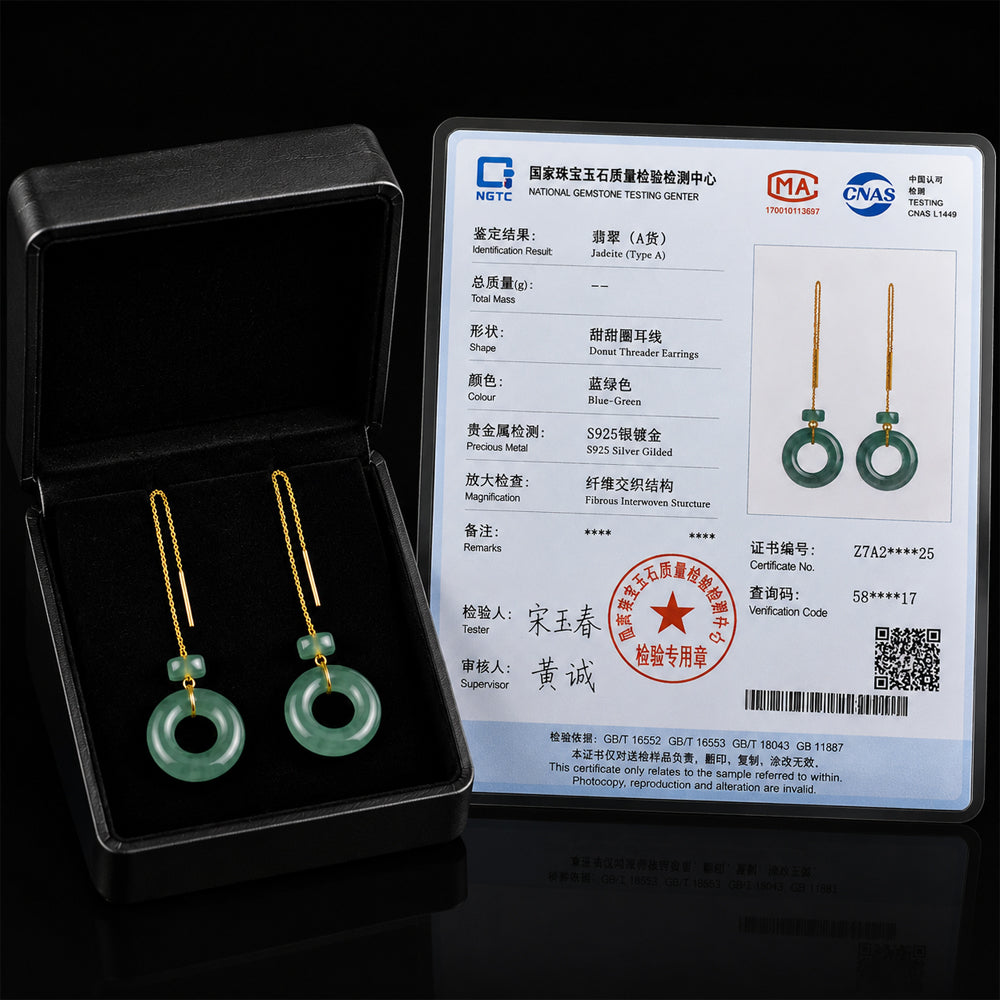 Green Jadeite Threader Earrings with Donut Charms