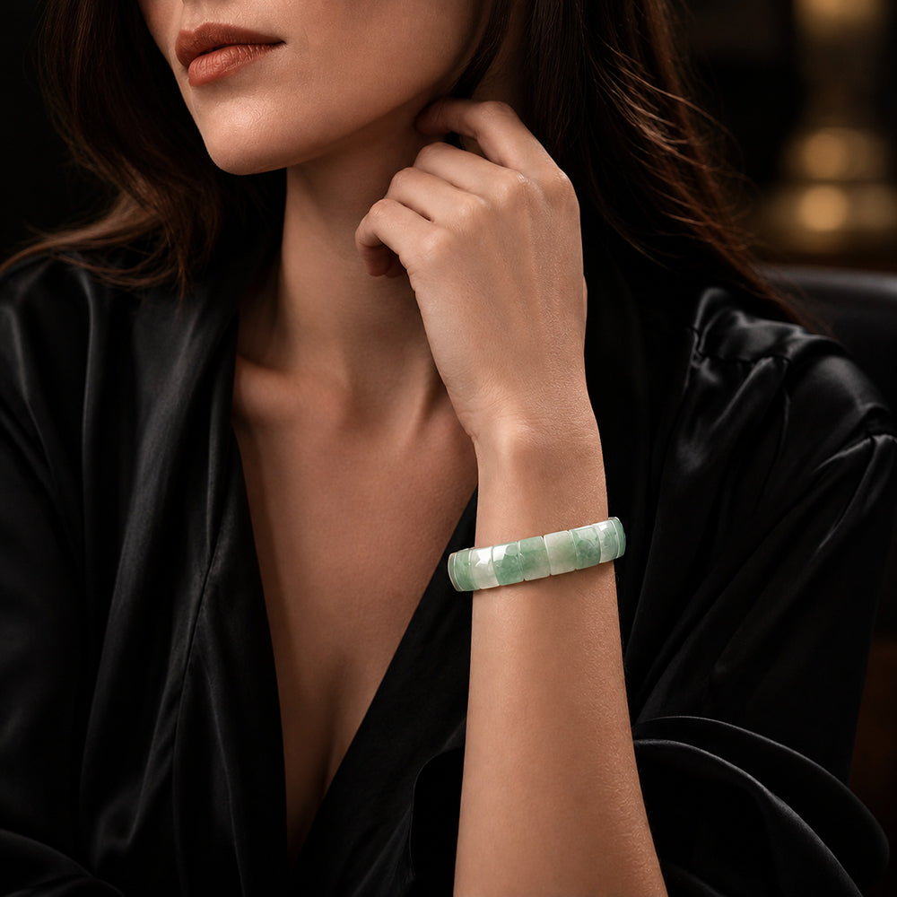 Green White Jadeite Fortune Plaque Bracelet