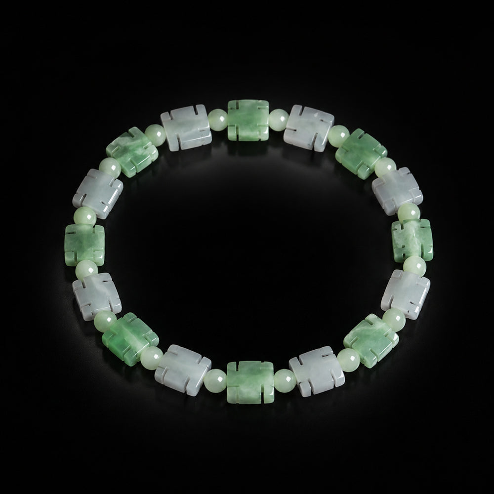 Green White Jadeite Auspicious Motif Bracelet for Women