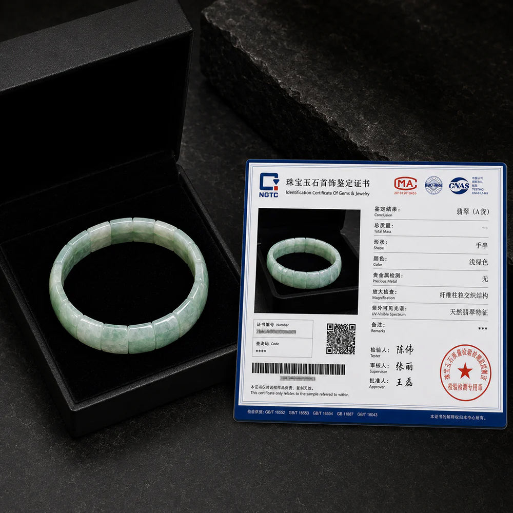 Green White Jadeite Fortune Plaque Bracelet