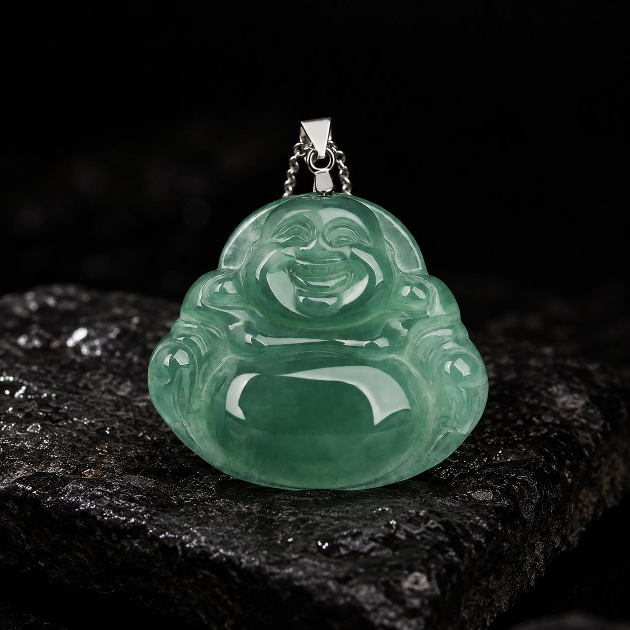 Natural Burmese Jadeite Maitreya Buddha Pendant Necklace – S925 Silver