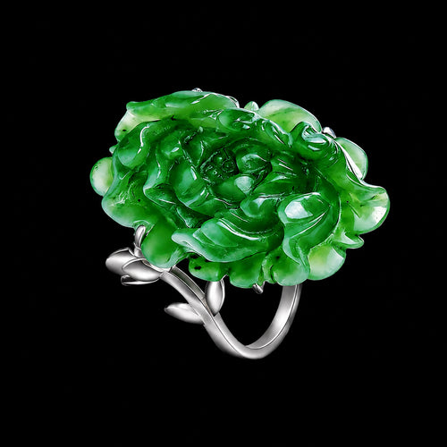 Carved Lotus Green Nephrite Jade Ring, S925