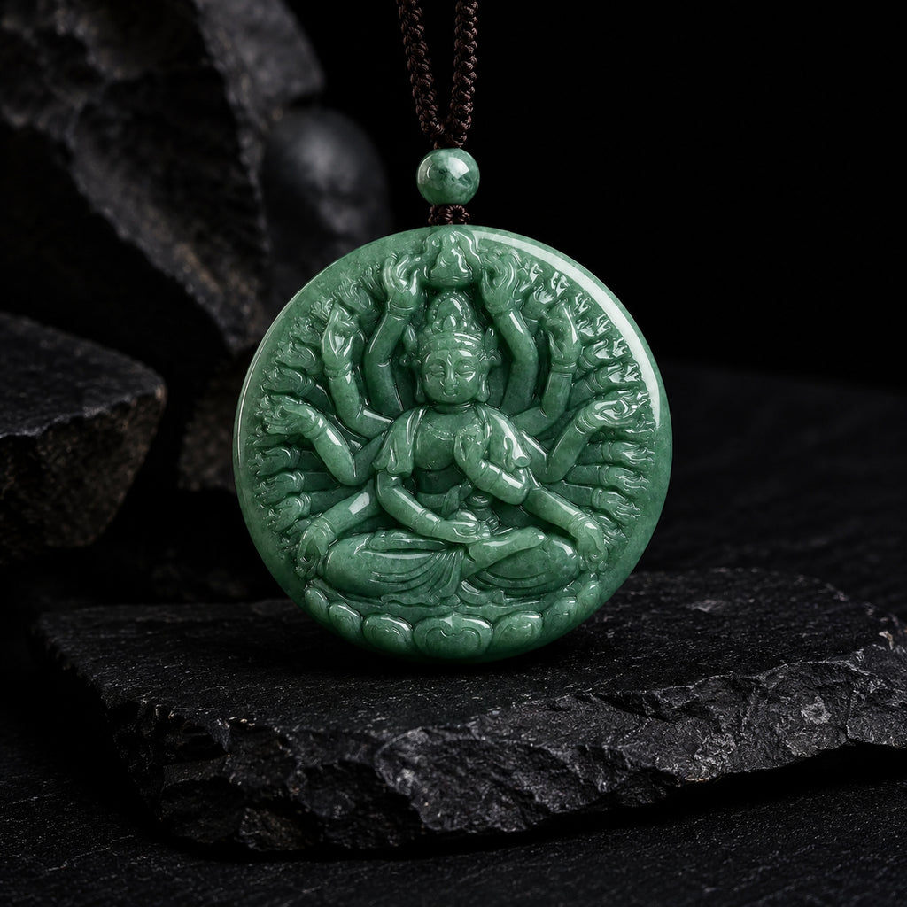 Real Hand-Carved Jadeite Thousand-Hand Guanyin Pendant Necklace – Men’s Jewelry