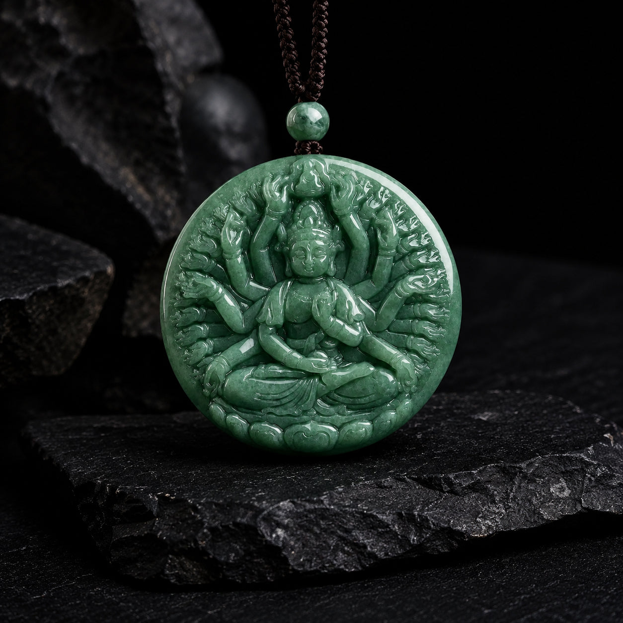 Real Hand-Carved Jadeite Thousand-Hand Guanyin Pendant Necklace – Men’s Jewelry