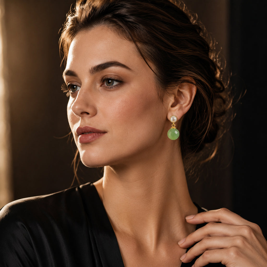 Natural Pale Yellow-Green Jade Bead Drop Earrings