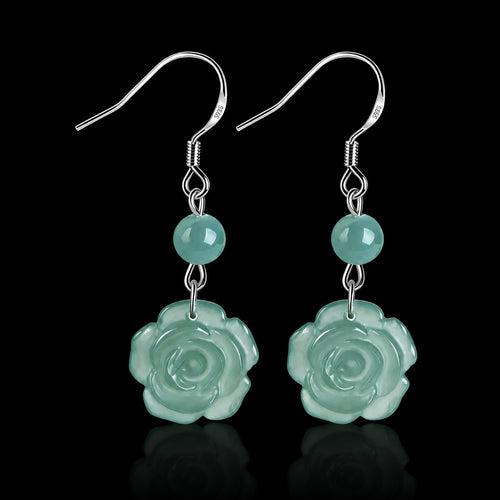 Blue green jade rose drop earrings with S925 silver hooks