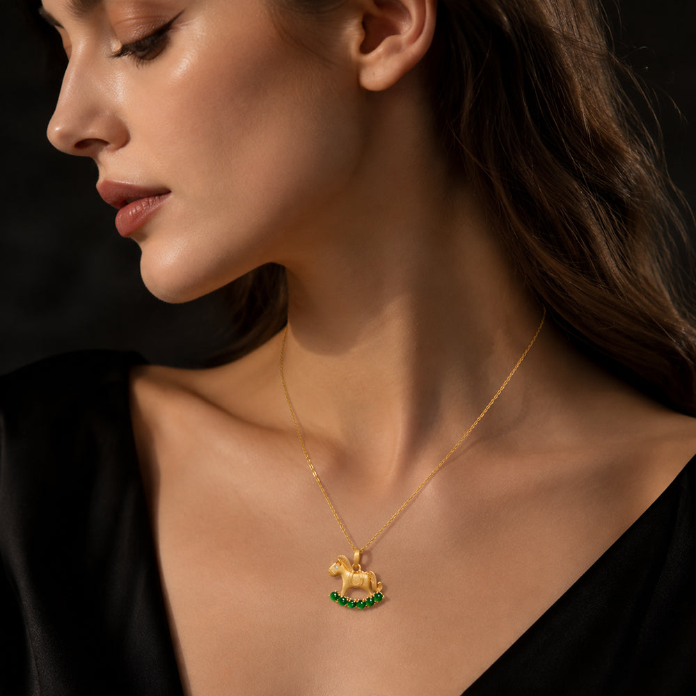 Natural Green Jadeite Rocking Horse Pendant Necklace S925 Silver