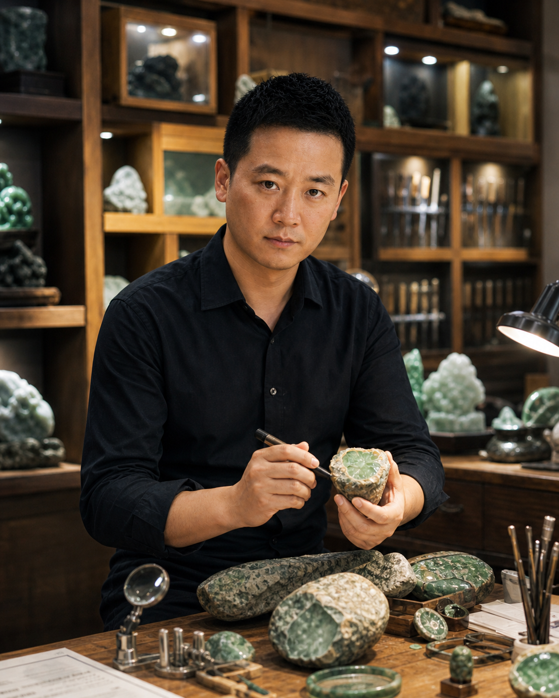 Hong, founder of BMjade, examining Burmese jadeite rough at the Kunming workshop