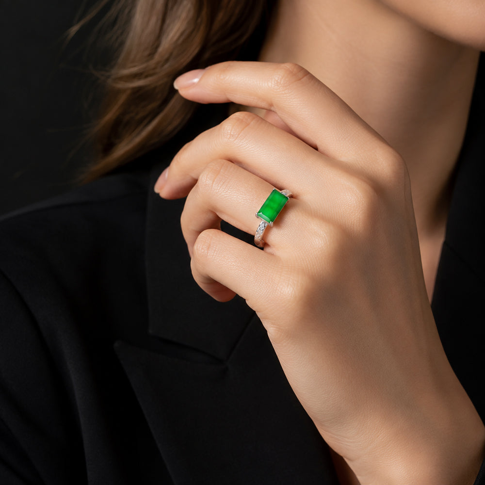 Natural Green Jadeite Saddle Ring Adjustable S925 Silver Jewelry