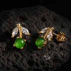 Cherry Green Jadeite Jade Stud Earrings, Gold
