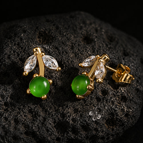 Cherry Green Jadeite Jade Stud Earrings, Gold
