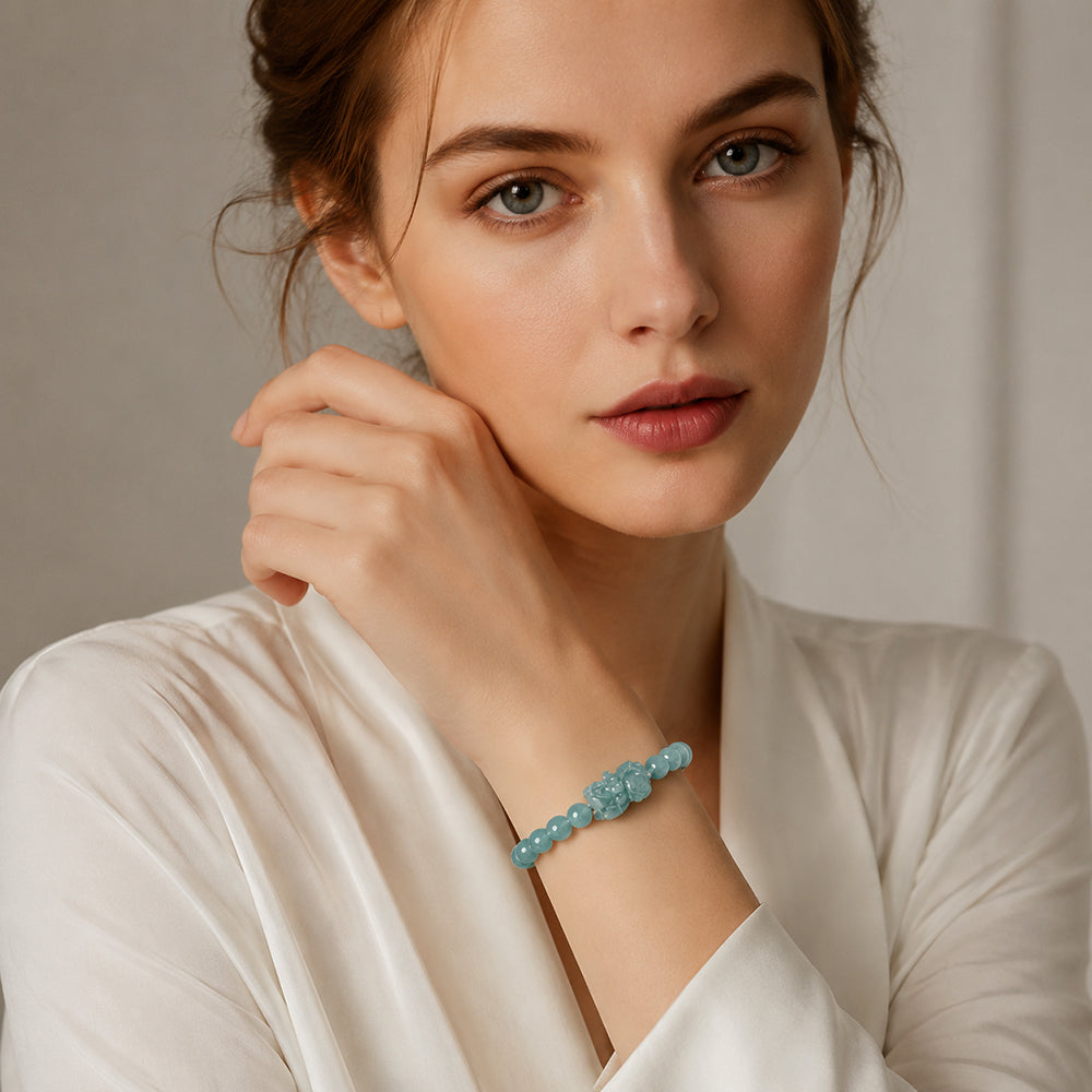 Icy Blue-Green Jadeite Pixiu Bead Bracelet