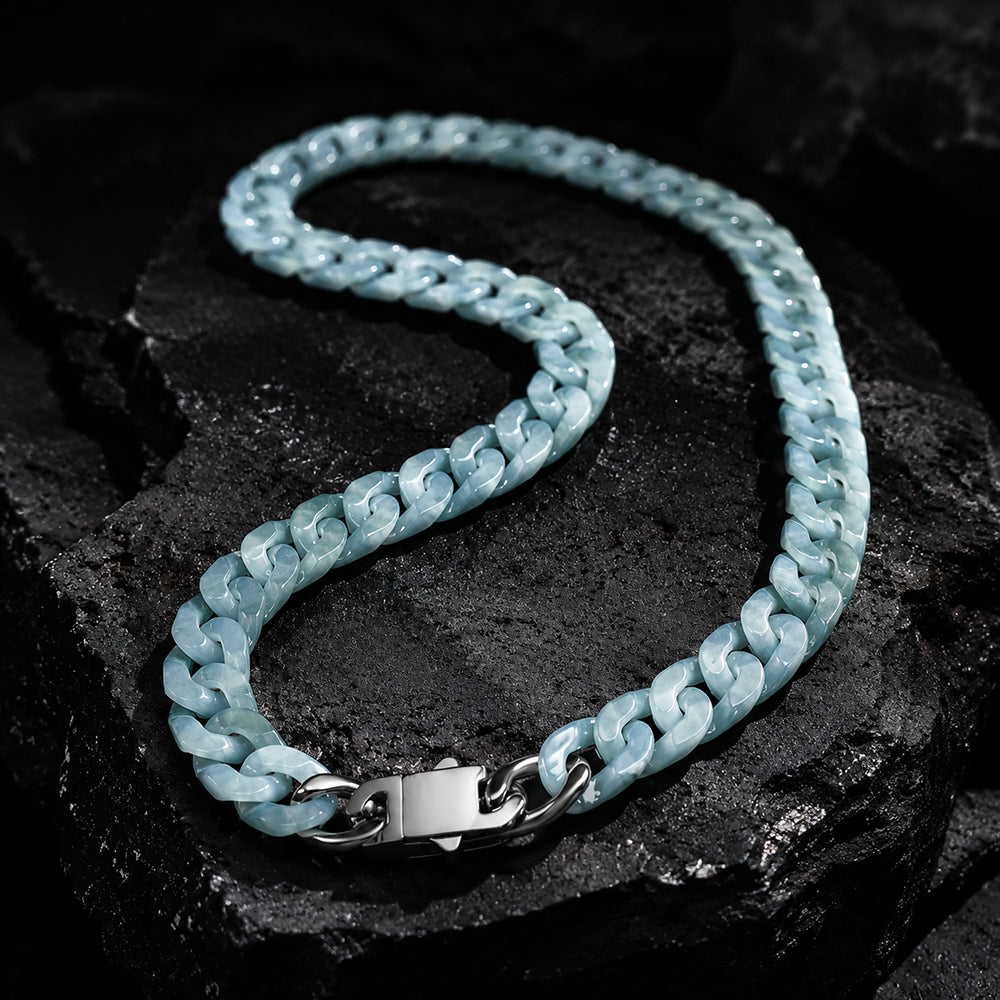 Natural Blue Jadeite Cuban Link Necklace – Unisex Jade Chain Jewelry
