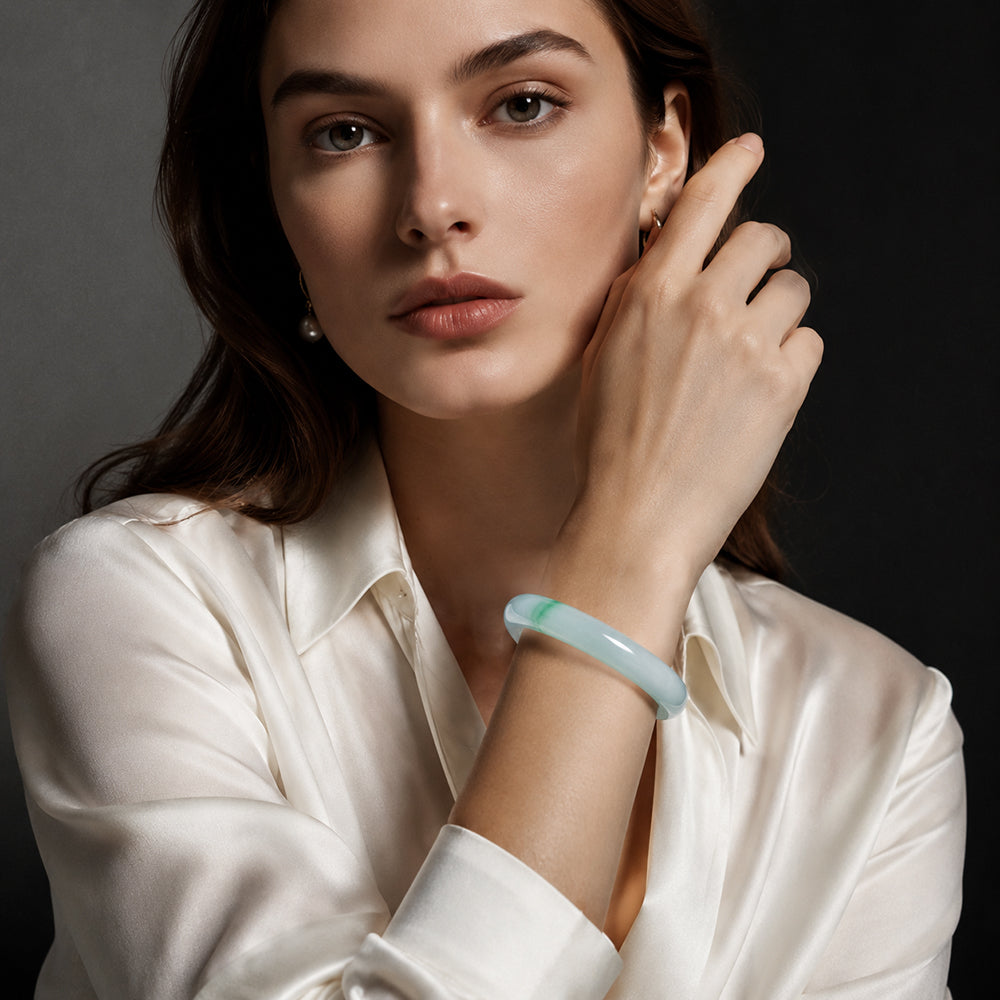 Natural Burmese Jadeite Bangle Bracelet Icy Green 51mm-55mm Slim Jadeite Bracelet for Women