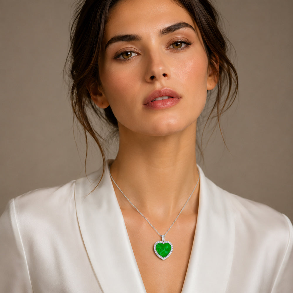 Natural Green Jadeite Heart Pendant Necklace S925 Silver Chain